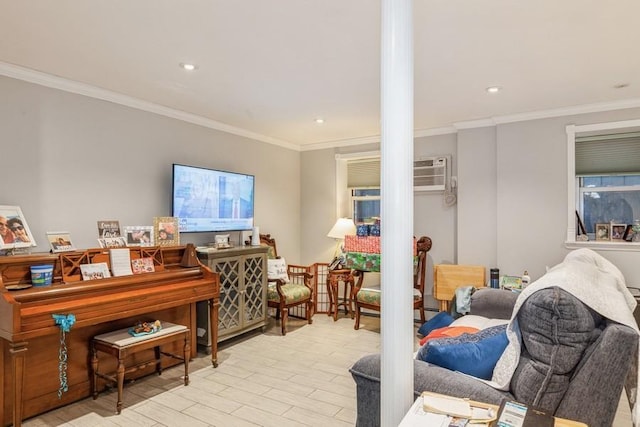 living room with ornamental molding and light wood-type flooring