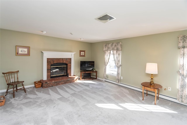 unfurnished living room with light carpet and a brick fireplace