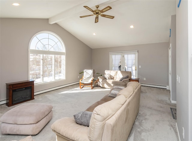 carpeted living room with vaulted ceiling with beams, ceiling fan, and a baseboard heating unit