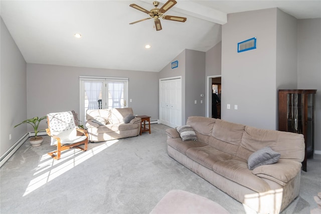 living room with ceiling fan, beam ceiling, high vaulted ceiling, light carpet, and a baseboard radiator