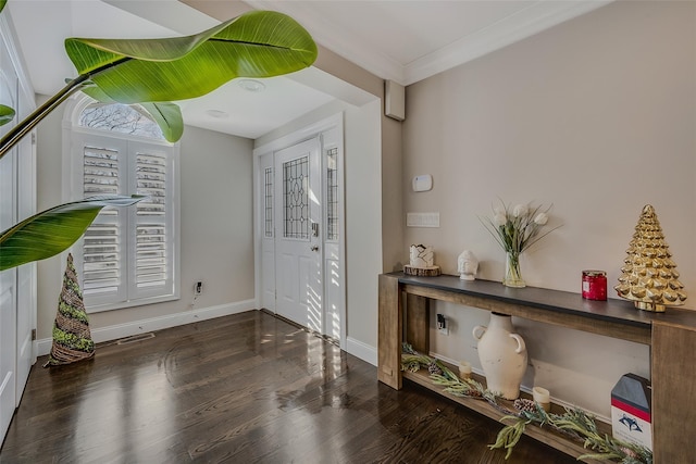 entrance foyer featuring ornamental molding and dark hardwood / wood-style flooring