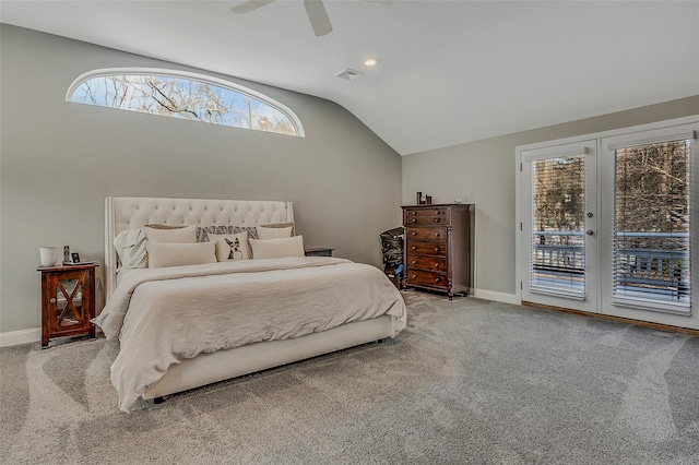 carpeted bedroom with french doors, ceiling fan, lofted ceiling, and access to exterior