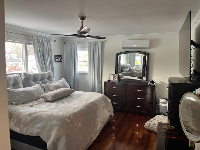 bedroom featuring ceiling fan, ornamental molding, dark hardwood / wood-style floors, and an AC wall unit