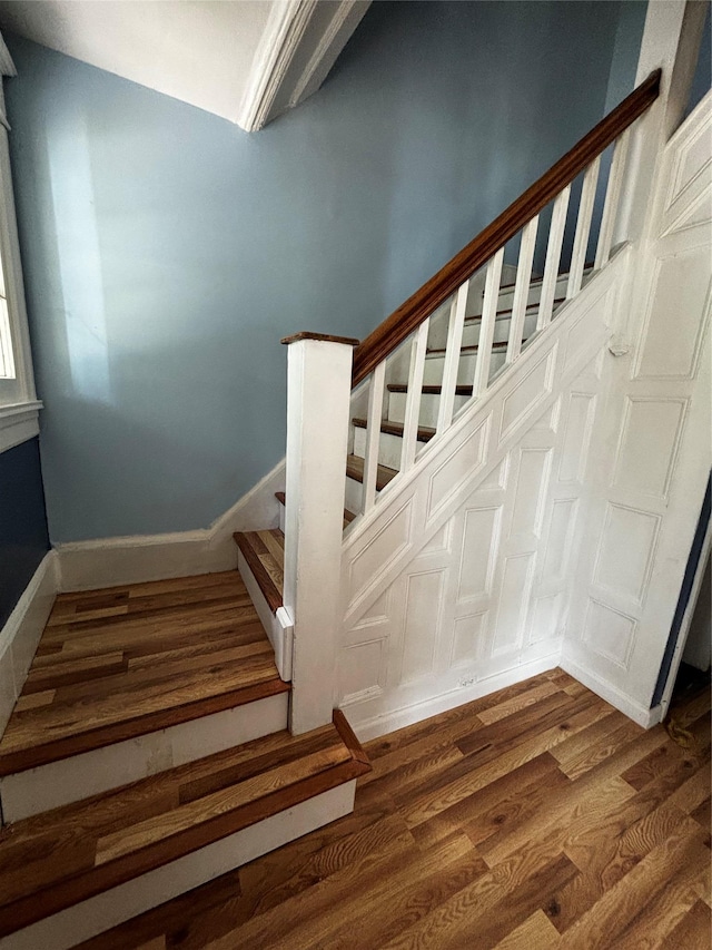 staircase featuring hardwood / wood-style flooring