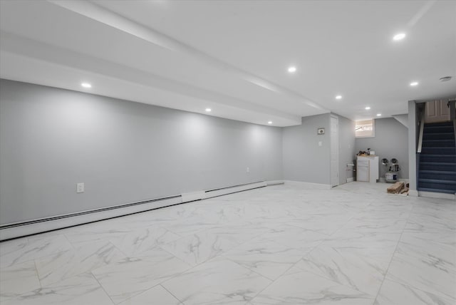 basement featuring a baseboard radiator