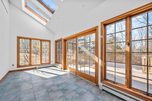 unfurnished sunroom featuring a baseboard radiator and vaulted ceiling with skylight