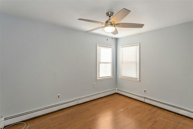 unfurnished room featuring hardwood / wood-style floors, a baseboard radiator, and ceiling fan