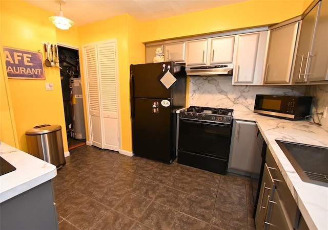 kitchen with gray cabinets, pendant lighting, sink, decorative backsplash, and black appliances