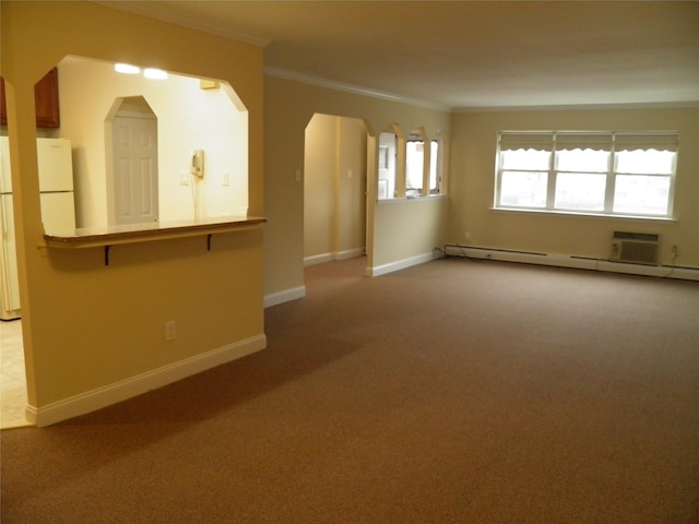 unfurnished living room with ornamental molding, carpet, an AC wall unit, and a baseboard radiator