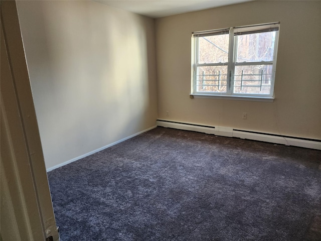 carpeted empty room featuring a baseboard radiator