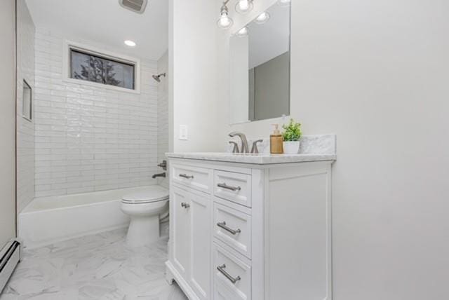 122 Vernon Valley Rd, East Northport, NY 11731 - full bath with vanity, bathtub / shower combination, baseboard heating, recessed lighting, and marble finish floors