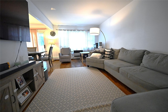 living room featuring baseboard heating and hardwood / wood-style floors