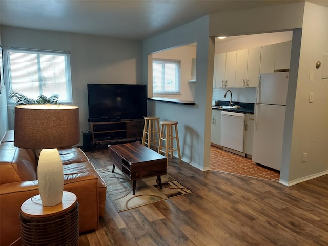 living room featuring sink, a wealth of natural light, and dark wood-type flooring