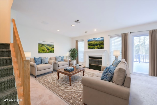 living room with light carpet