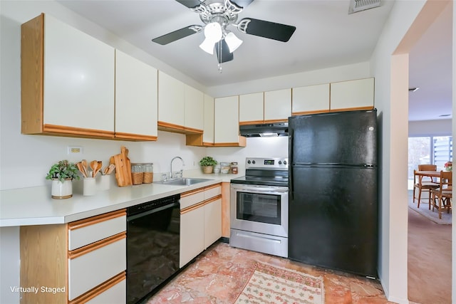 kitchen featuring white cabinetry, sink, black appliances, and ceiling fan