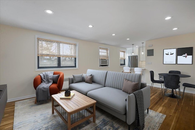 living room with dark hardwood / wood-style floors and radiator