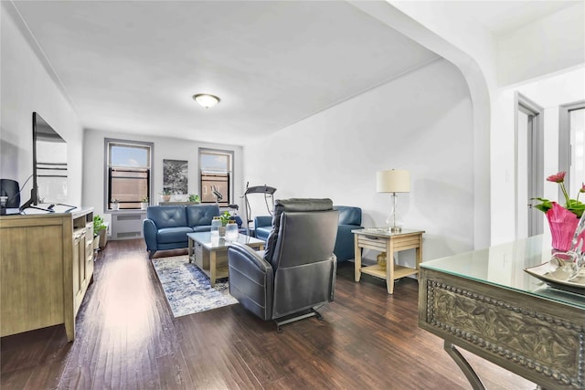 living room with dark hardwood / wood-style flooring