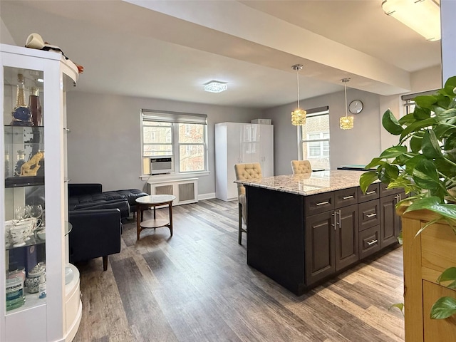 kitchen featuring radiator, hardwood / wood-style floors, hanging light fixtures, dark brown cabinetry, and a healthy amount of sunlight