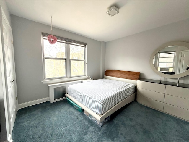 bedroom with radiator heating unit and dark colored carpet