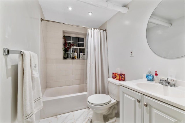 full bathroom with vanity, toilet, and shower / bath combo with shower curtain