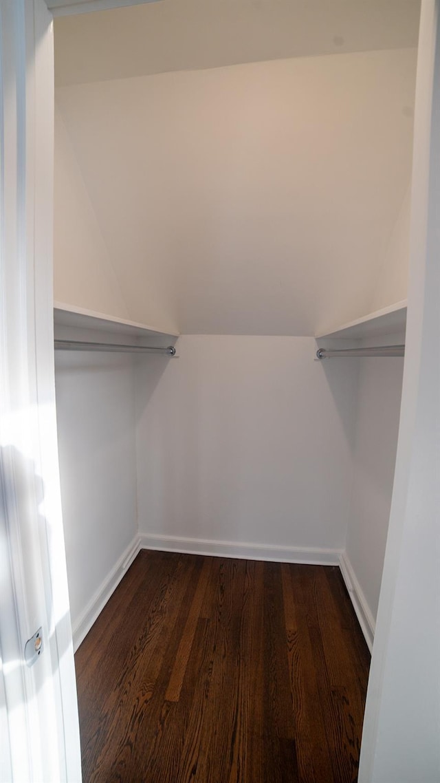 walk in closet featuring dark wood-type flooring and vaulted ceiling