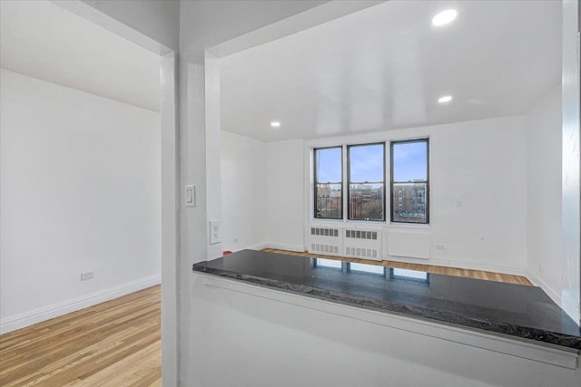 kitchen with dark stone countertops and light hardwood / wood-style flooring