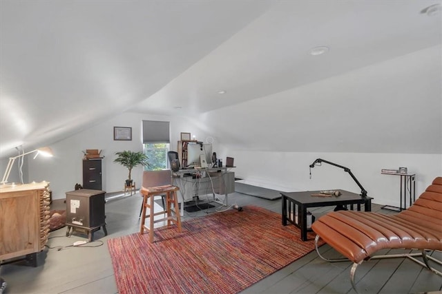 home office featuring vaulted ceiling