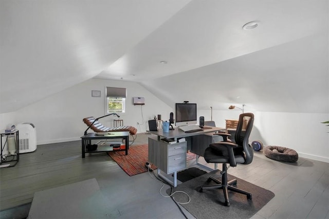 office area with wood-type flooring and lofted ceiling