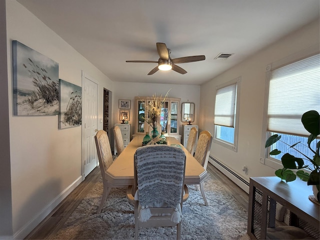 dining space featuring ceiling fan, a baseboard radiator, and dark hardwood / wood-style flooring