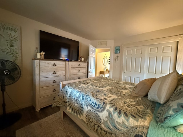 bedroom featuring dark hardwood / wood-style floors and a closet