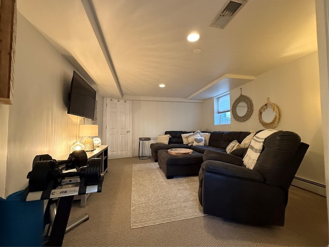 living room with a baseboard radiator and light colored carpet