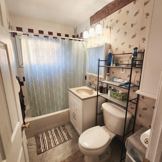 full bathroom featuring tile patterned flooring, vanity, shower / bath combo, and toilet