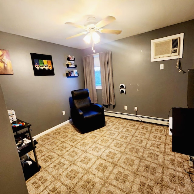 living area featuring ceiling fan, a wall mounted air conditioner, carpet flooring, and a baseboard heating unit