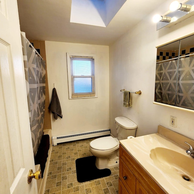 bathroom with vanity, a shower with shower curtain, toilet, and baseboard heating