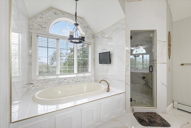 bathroom with a baseboard radiator, lofted ceiling, and separate shower and tub