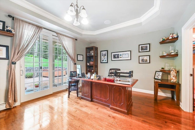 home office with a raised ceiling and light hardwood / wood-style floors