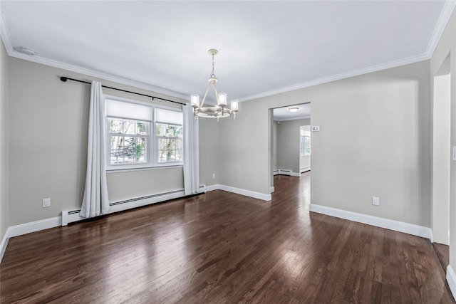 unfurnished room featuring ornamental molding, a baseboard heating unit, and dark hardwood / wood-style floors