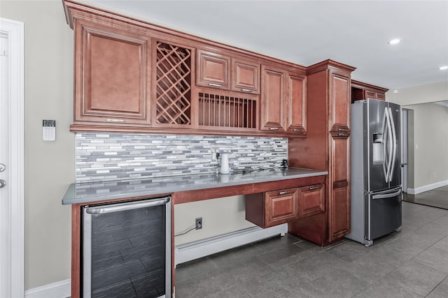 kitchen with decorative backsplash, beverage cooler, baseboard heating, and stainless steel fridge with ice dispenser