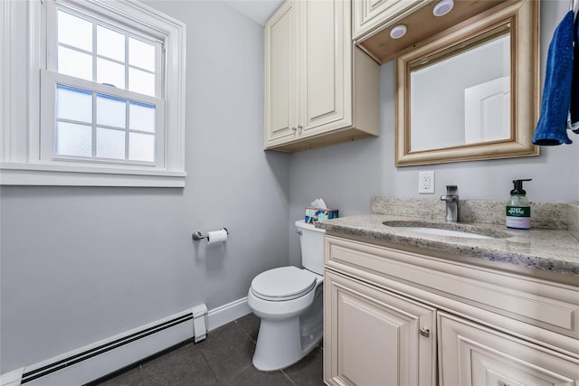 bathroom with tile patterned flooring, vanity, a baseboard radiator, and toilet