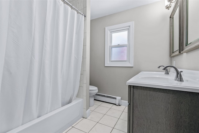 full bathroom featuring a baseboard heating unit, vanity, shower / bath combination with curtain, tile patterned floors, and toilet