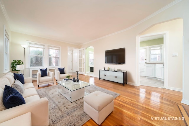 living room featuring ornamental molding and light hardwood / wood-style floors