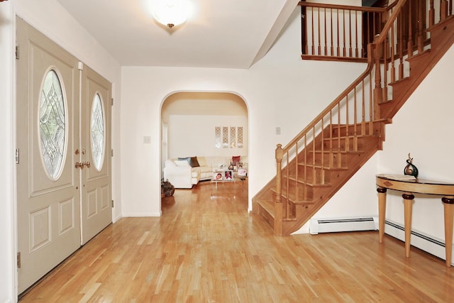 entrance foyer featuring a baseboard radiator and light hardwood / wood-style flooring