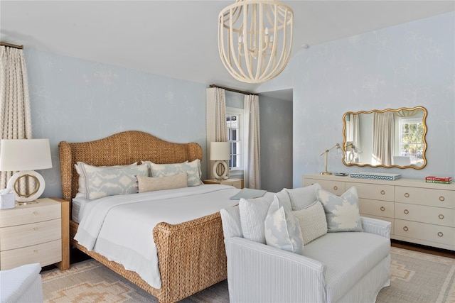 bedroom with a chandelier