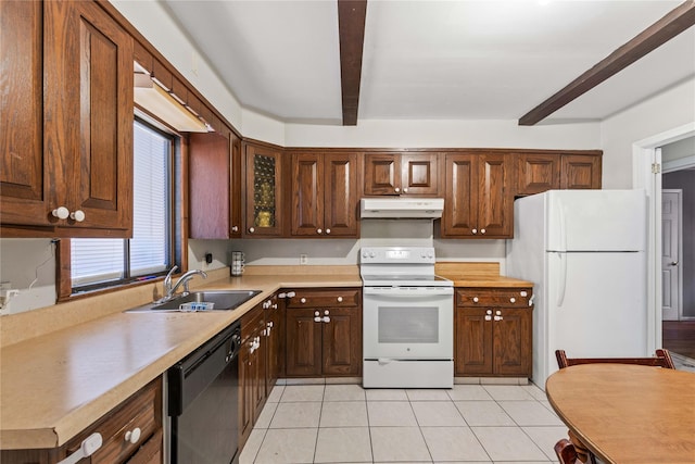 kitchen featuring beamed ceiling, white appliances, sink, and light tile patterned floors