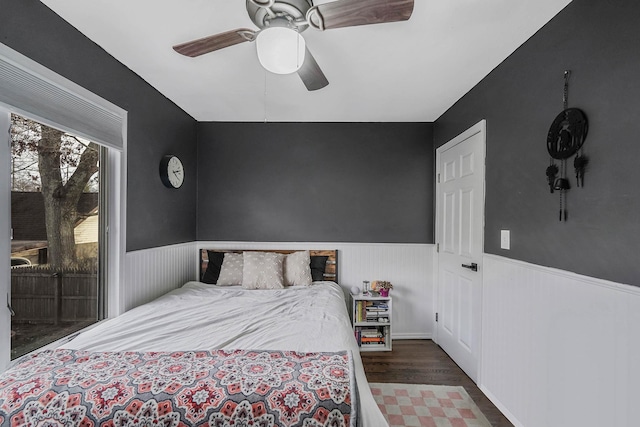 bedroom featuring dark wood-type flooring and ceiling fan