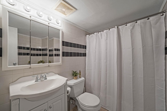 bathroom with walk in shower, vanity, toilet, and tile walls