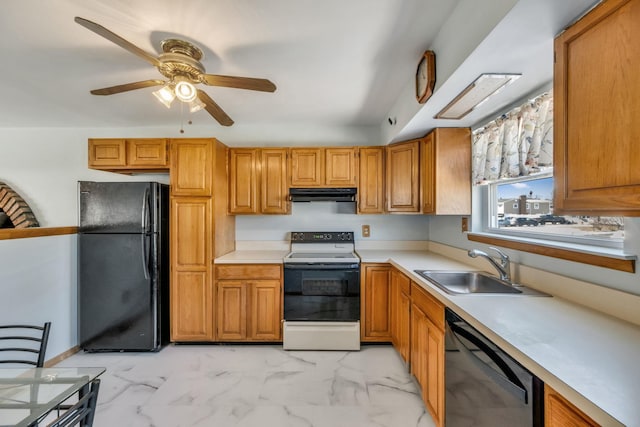 kitchen featuring ceiling fan, sink, and black appliances