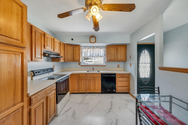 kitchen featuring sink, ceiling fan, dishwasher, and white range with electric stovetop