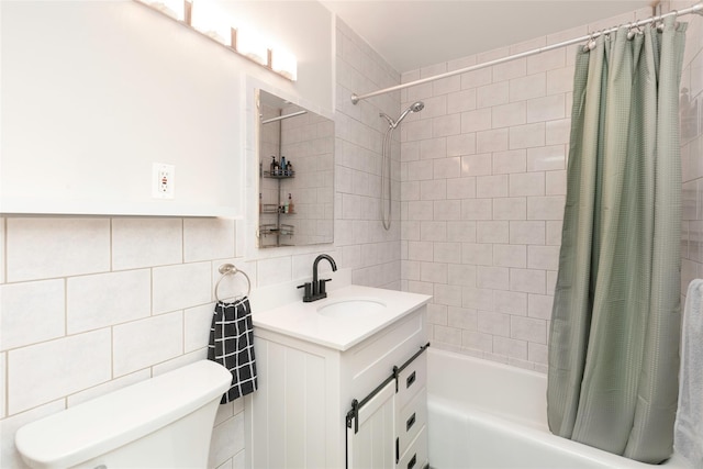 full bathroom featuring toilet, tasteful backsplash, tile walls, vanity, and shower / bathtub combination with curtain