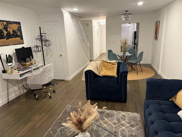 living room featuring dark wood-type flooring